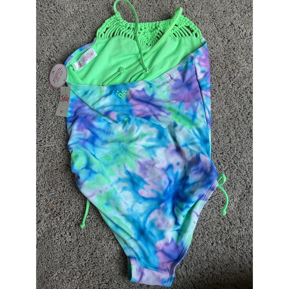 NWOT Justice Girls Tie Dye One Piece Swimsuit Blue Green Macrame UPF 50+ Size 10
